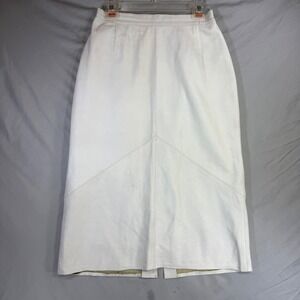 Vintage White Leather Pencil Skirt Midi Length Chevron Stitching High Waist 25